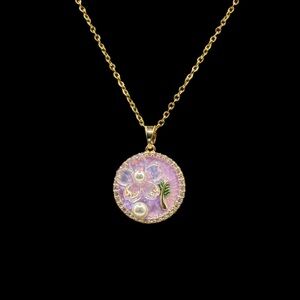 Purple Enamel Flower Pendant Necklace w/ Pearl Accents and Rhinestones